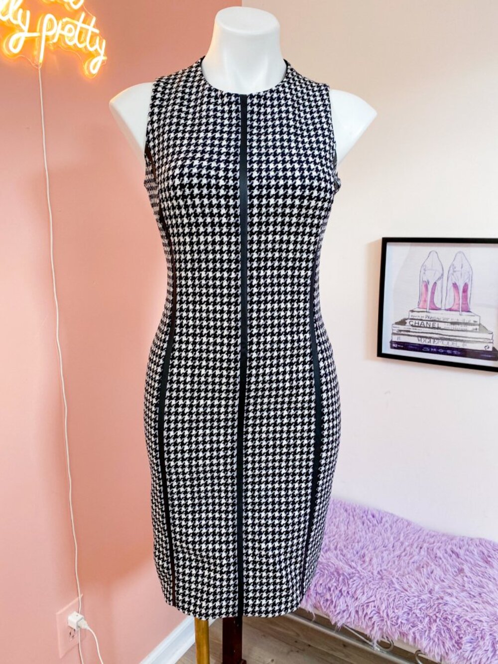 J. Mclaughlin Black and White Houndstooth Print Sleeveless Stretch Dress - XSmal